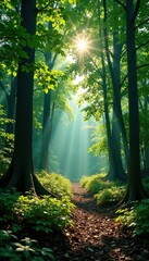 Dappled sunlight filters through the forest canopy, forest, shadows, dapples
