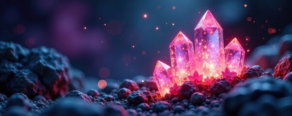 Twinkling lights illuminate an ancient crystal formation on a mystical background, ambiance, crystals, mysterious