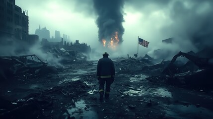 A lone firefighter stands amidst the aftermath of a crash, surrounded by smoke and debris, symbolizing resilience and duty in the face of tragedy.