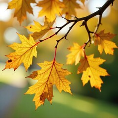 Obraz premium Delicate oak branch tangled with wilted yellow leaves hanging from the tree's limbs, fading light, oak, tree