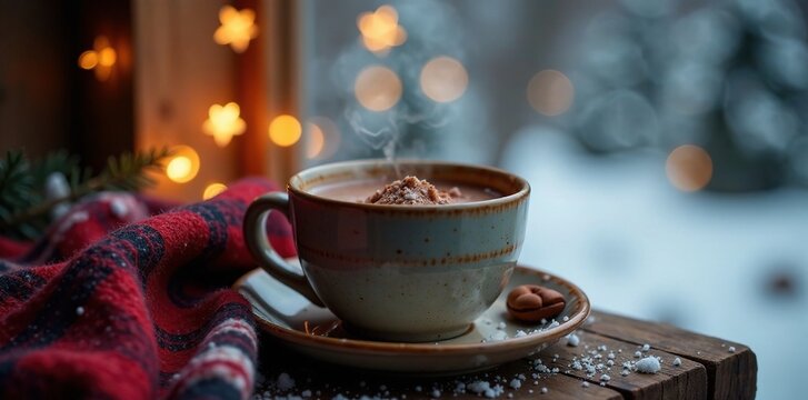 A steaming cup of rich hot cocoa in a cozy winter cabin, winter, stars, comfort