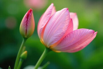 Obraz premium Soft pink petals unfolding on a lush green stem, nature photography, greenery
