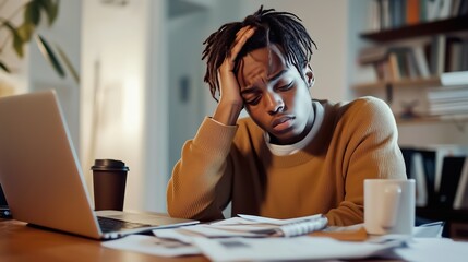 Overwhelmed African American man sitting at a desk holding his head in frustration. Laptop, coffee cup, and scattered papers create a stressed work environment.