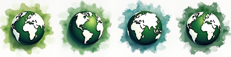 Naklejka premium Global watercolor illustration. Earth planet with green watercolor splashes. Colorful, textured design. Abstract, eco friendly concept. Ideal for global awareness posters. Planet earth isolated on