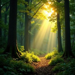 Warm sunlight filters through dense foliage, illuminating forest floor, dappled, light