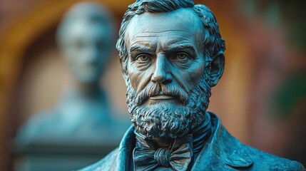 Detailed depiction of a historical figure's bronze statue in a city park surrounded by greenery and architectural elements