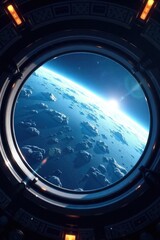 Astronaut's POV through spaceship window at blue planet's horizon, cosmos, space travel