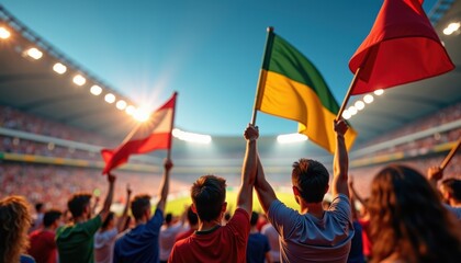 Excited sports fans waving colorful flags in packed stadium