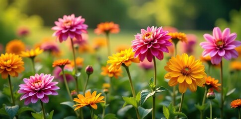 Fototapeta premium Colorful dahlia flowers amidst a patch of golden asters, rustic scenery, floral arrangement, wildflowers