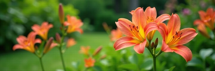 Fototapeta premium Delicate Peruvian lily flowers in a garden with lush greenery, bloom, nature