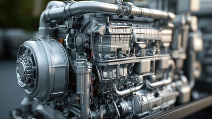 Powerful engine, outdoor display, industrial background, mechanics