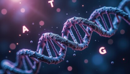 Abstract DNA code fragments in glowing cosmic void with scattered letters