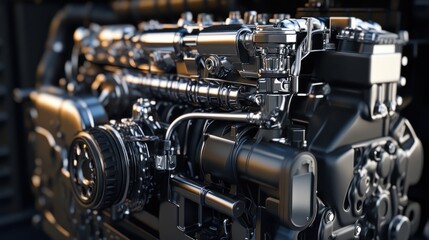 Powerful diesel engine close-up, industrial setting, sunset background, engineering