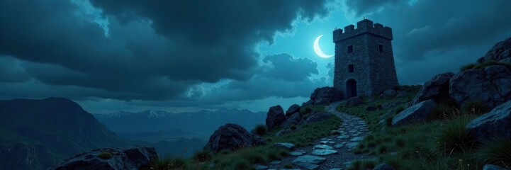 Towering stone wall under dark and ominous clouds, night, rocky