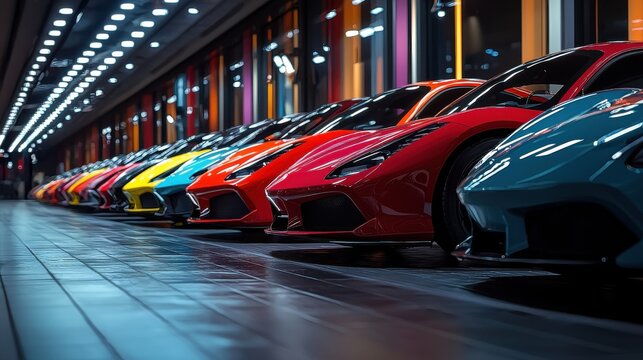 Collection of vibrant sports cars displayed in a modern showroom at night