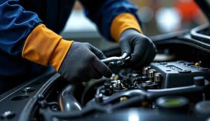 Obraz premium A close-up view of a mechanic's gloved hands using a wrench to tighten a bolt in a car engine bay