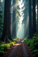 Fototapeta premium A misty morning walk through the towering redwoods, natural world, tree-lined road