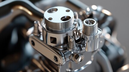 Fototapeta premium Chrome engine component close-up, studio, background blurred, automotive design