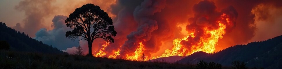 Tall flames engulfing a tree, with dark smoke billowing upwards, ecological, crisis, wildfire