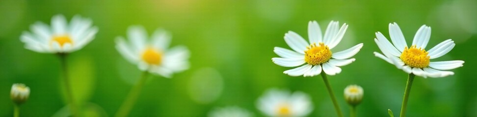 Fototapeta premium Daisies with white and yellow petals on green stem, clover, plant