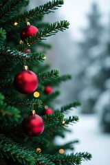 Dark green fir branch with red ornaments and holly-like leaves, dark green fir branch, wintery scene
