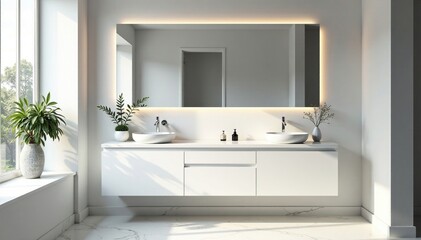 Fototapeta premium Elegant bathroom with white vanity and large mirror above sink, marble, sink