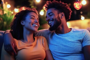 Smiling african couple relaxing outdoors with festive lights in evening