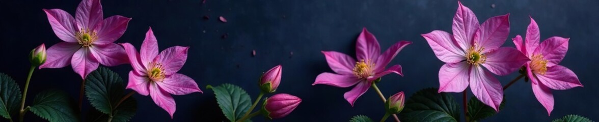 Delicate clematis blooms on a dark background, flower, garden, plant