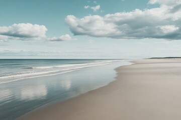 A vast, serene beach stretches to the horizon under a canopy of soft clouds, inviting peace and introspection.