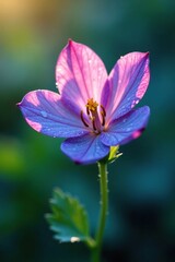 Fototapeta premium Delicate petals of a wild pink and blue flower unfold in the morning dew, , blue