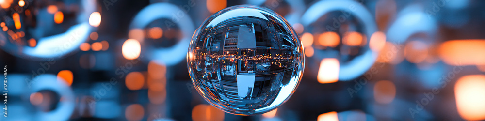Poster reflective sphere with cityscape and bokeh background