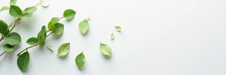 Naklejka premium Delicate leaves scattered on white wall surface, minimalist, organic