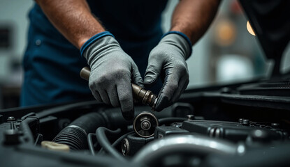 Obraz premium A close-up view of a mechanic's gloved hands using a wrench to tighten a bolt in a car engine bay