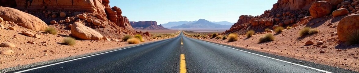 Fototapeta premium blacktop road with large stones and tuff stone fragments on the surface, desert landscape, large rocks