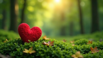 Fototapeta premium A single red heart is placed on top of a serene forest landscape, peaceful scene, red heart, soft focus
