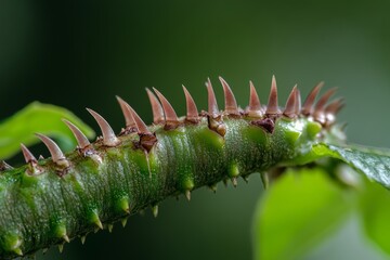 Naklejka premium Close-up of a thorny plant stem, revealing the intricate textures and sharpness of its defenses against a lush green background.