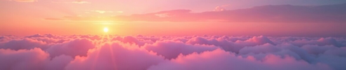 A serene sunrise bathes soft pink clouds in warm tones, serene, sunrise, misty