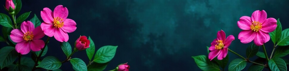 Obraz premium Dark background with neon pink flowers and green leaves, garden, flower power, dark