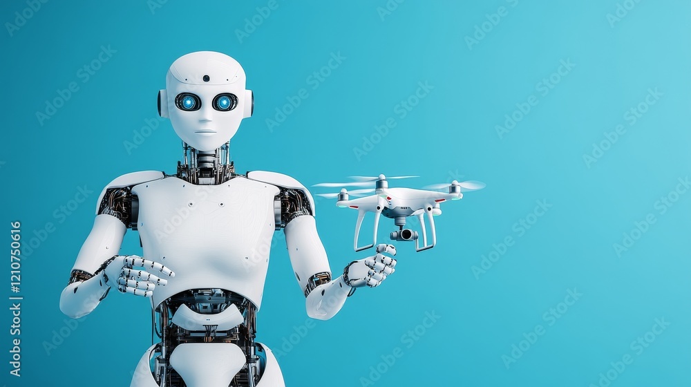 Poster a humanoid robot, featuring a sleek visor, grasps a small drone in its hands, standing in a digitall