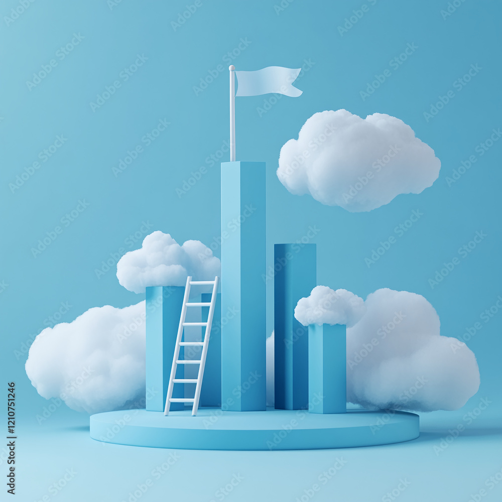 Poster 3d blue bar chart with ladder and flag surrounded by clouds on a blue background