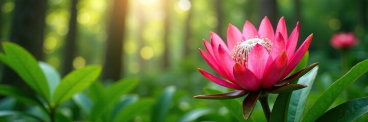 Fototapeta premium Bright pink protea flowers in a lush forest environment with sunlight filtering through, blooms, tropical, pink protea