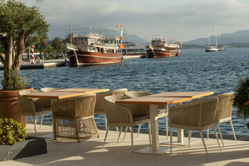  View of the sea bay and ships from a cafe in Montenegro. High quality photo