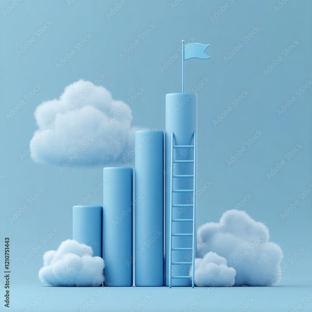 Poster blue bar chart with ladder and flag surrounded by clouds on a blue background