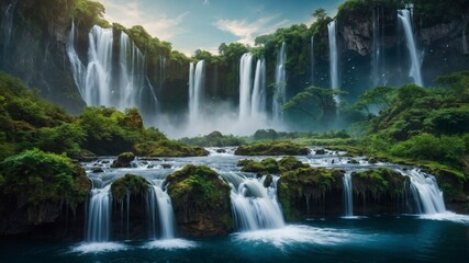 Fototapeta premium Surreal landscape with floating islands and cascading waterfalls, dreamlike atmosphere 