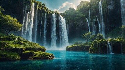 Fototapeta premium Surreal landscape with floating islands and cascading waterfalls, dreamlike atmosphere 