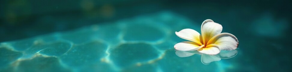 Obraz premium Single frangipani floats gently on the surface of a still blue pool, aquatic garden, serenity, flowers