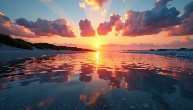 Wasser spiegelt Sonnenuntergang ?ber sanfte Wellen, ruhe, strandbad