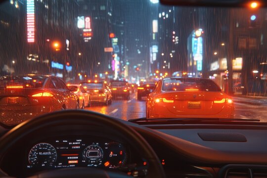 Viewing the car's cockpit, with HUD and active safety systems in place, the systems recognized a traffic jam on the motorway and engaged emergency braking