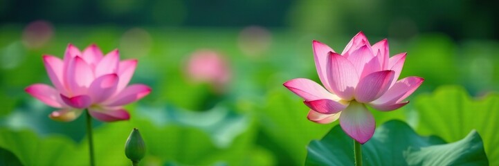 Pink lotus flowers sway gently in the breeze with white stems, stem, gentle