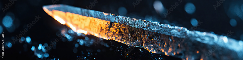 Poster close-up of wet metallic object with internal orange illumination